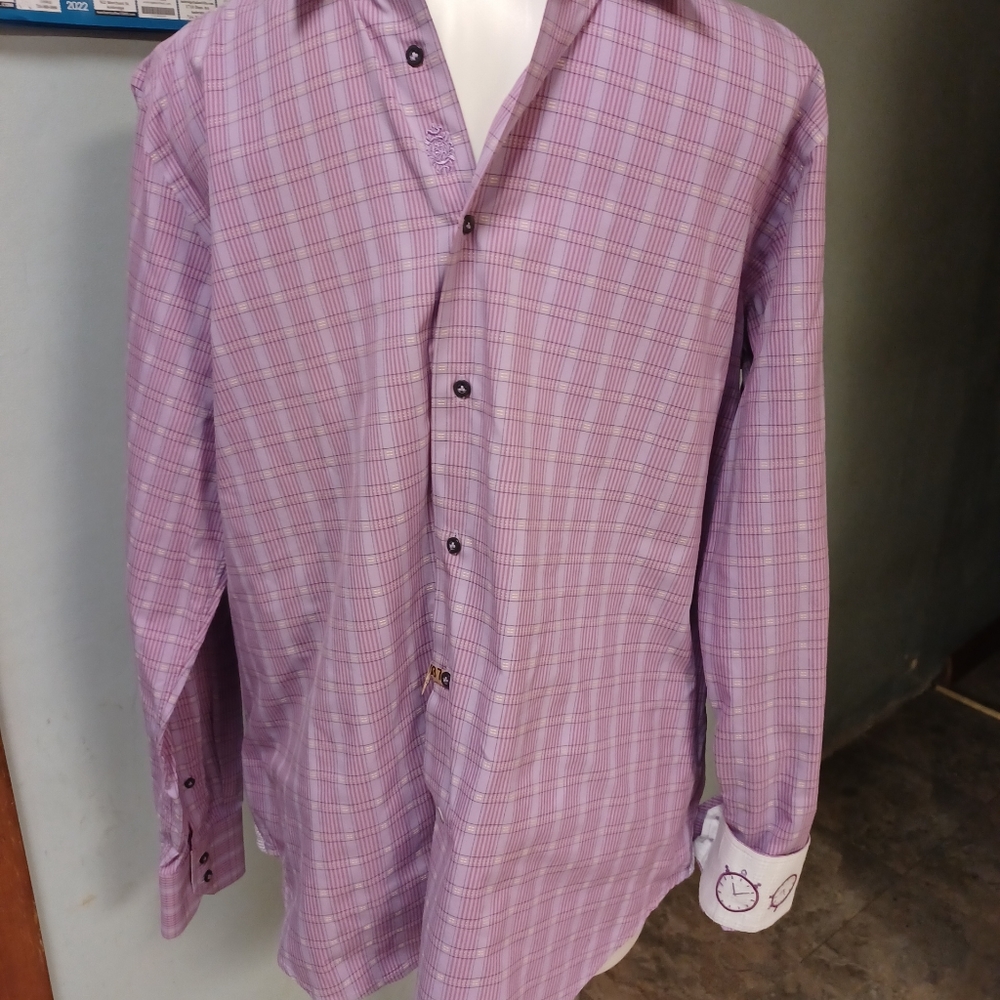 Robert Graham Mens Size Large button up shirt purple striped clock flip cuff